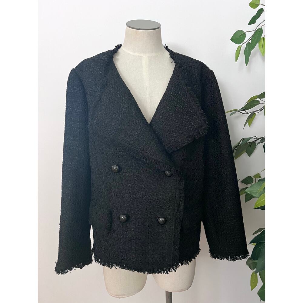Preppy Tweed Ann Taylor Black Fringe Knit Double Breasted Boucle Jacket Sz 10